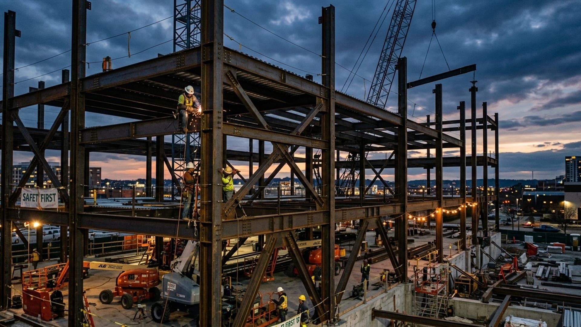 Structural steel framework on construction jobsite at twilight