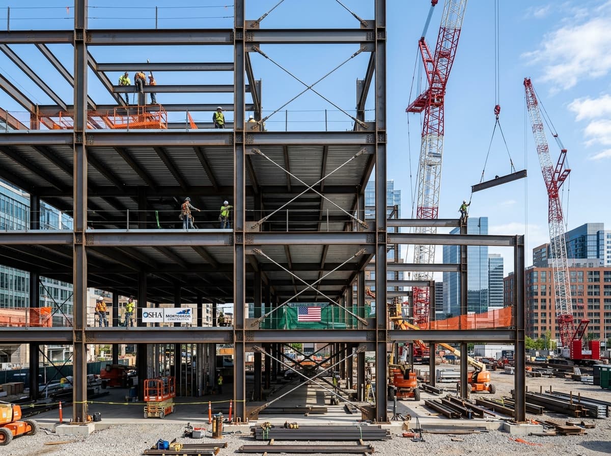 Commercial building construction and structural steel framing in USA