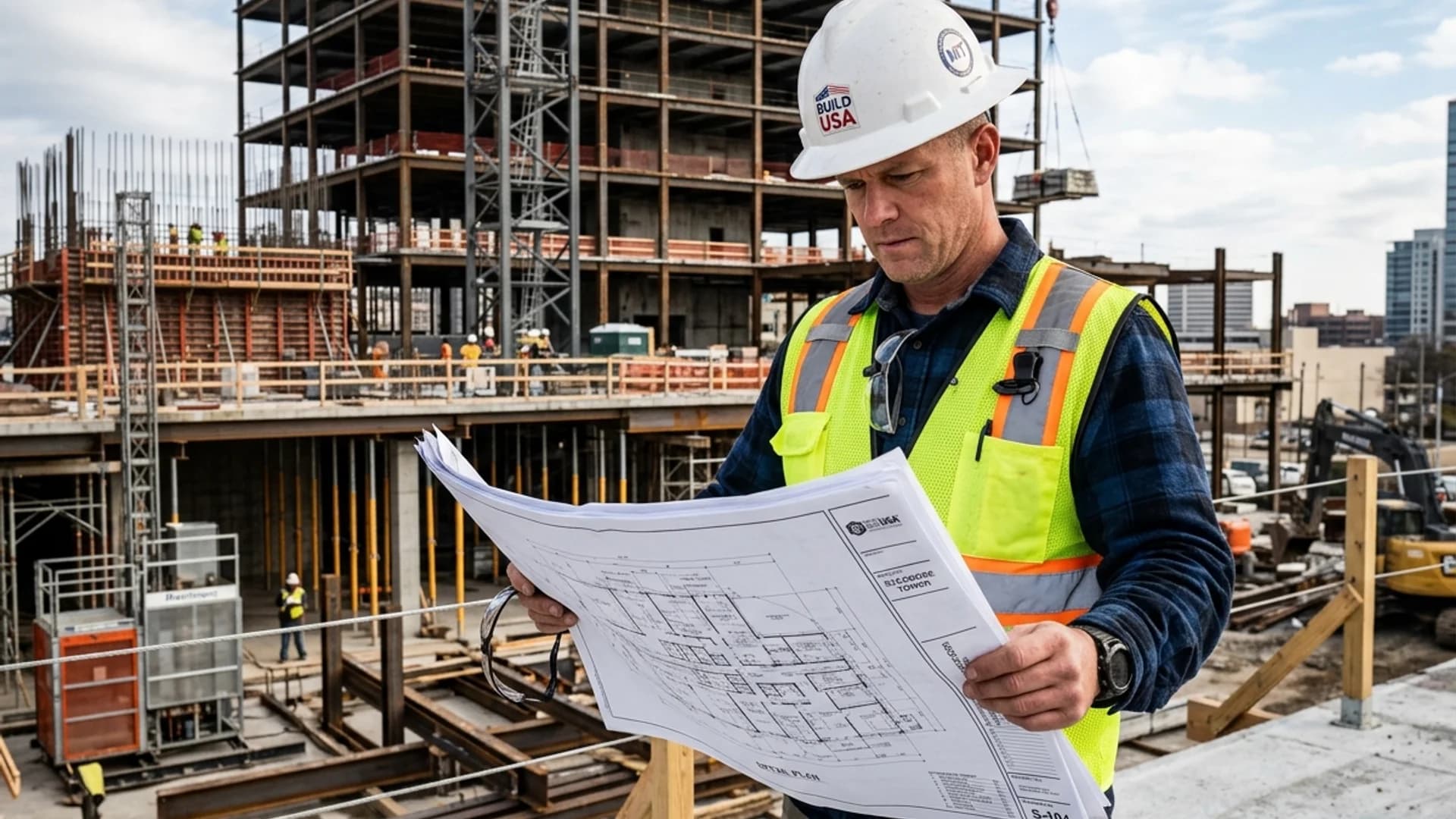 General contractor superintendent and project manager reviewing commercial shop drawings on active construction site