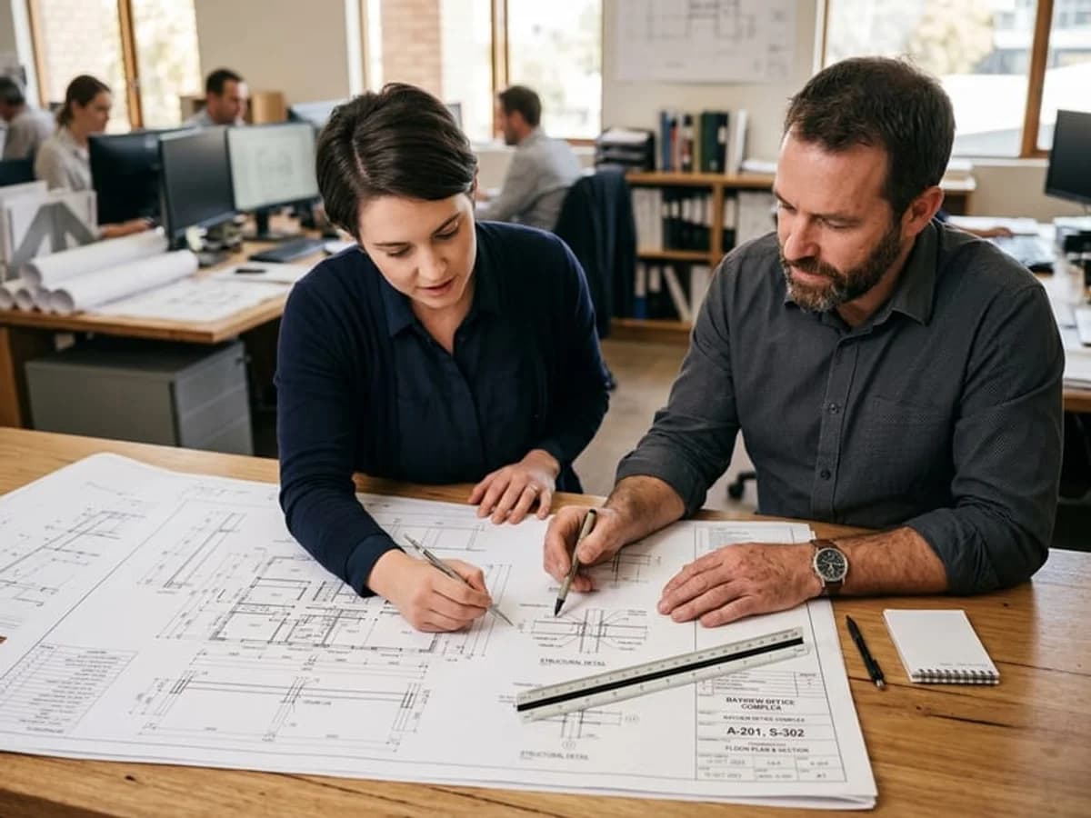 General contractor project manager and site superintendent reviewing coordinated construction shop drawings