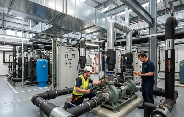 Hospital central mechanical plant with coordinated chilled water piping, pumps, and ductwork