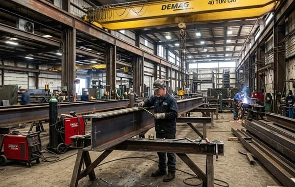 Industrial steel fabrication plant with overhead crane, heavy I-beams, and welding lines