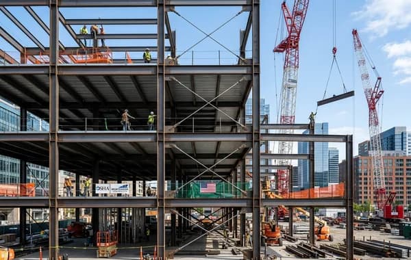 Multi-story residential and podium building framing under construction