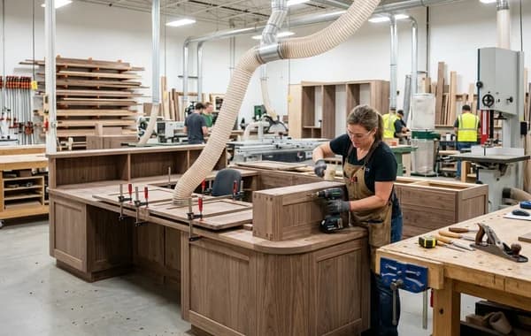 Commercial retail and reception woodwork craftsmanship in architectural millwork facility