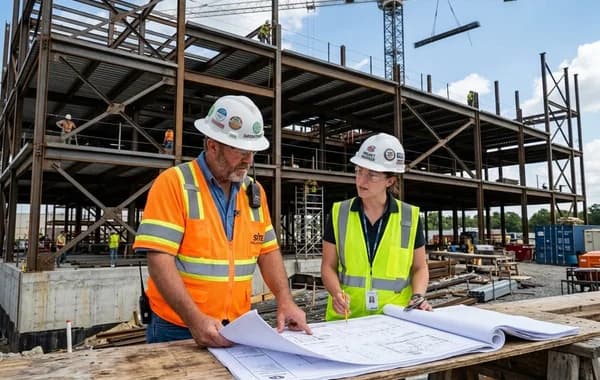 Construction project engineers auditing drawing completeness on commercial site table