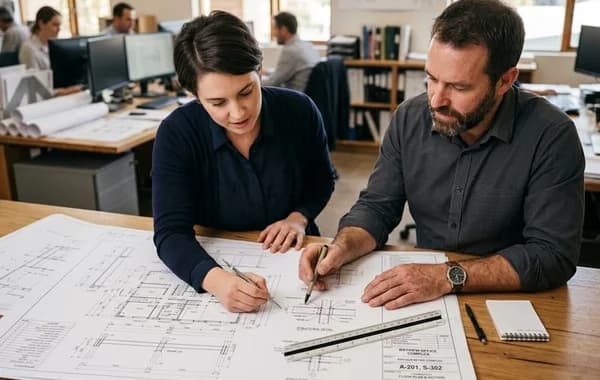 Architectural scale ruler and coordinate dimension verification on construction drawings