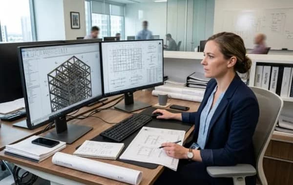 BIM detailer verifying 3D structural model side-by-side with 2D drawings on dual screens