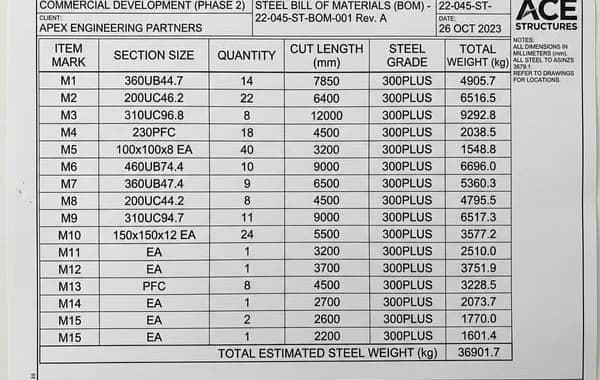Engineering Bill of Materials schedule matching ASTM steel grades and section sizes
