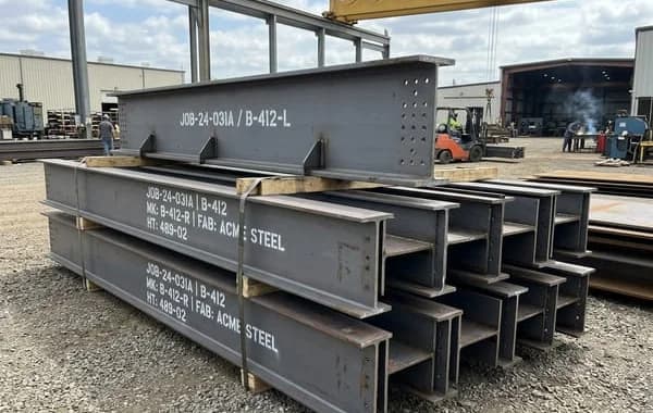 Fabricated steel members stacked in yard with clear piece marks stenciled for field erection
