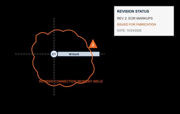 CAD drawing sheet showing revision clouds, delta triangles, and title block revision log