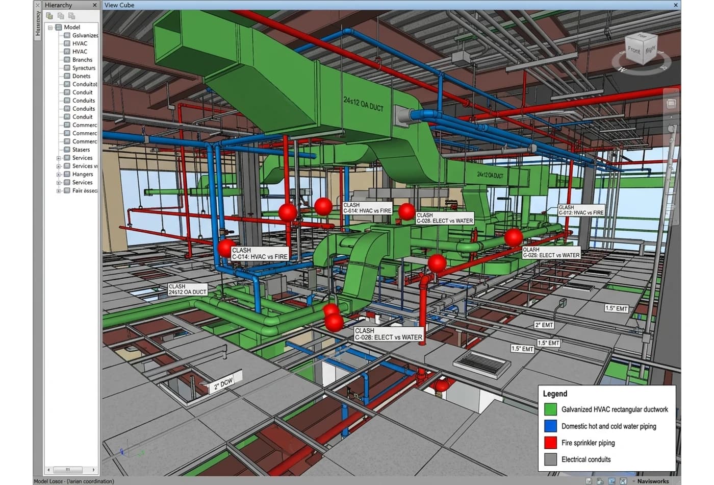 3D Navisworks multi-trade clash coordination model showing ductwork, fire sprinkler piping, and conduit