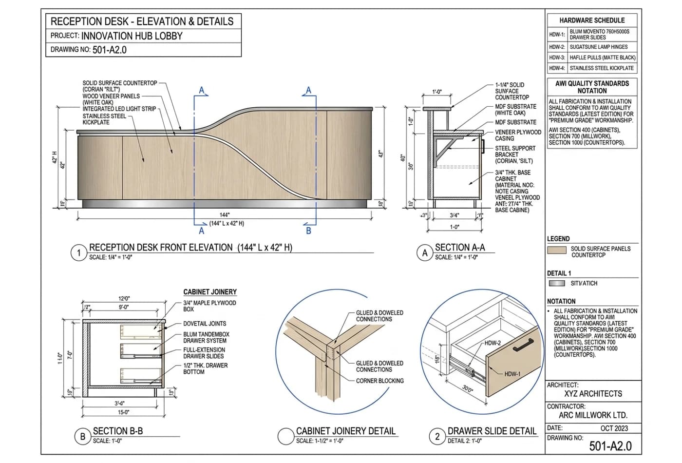 Architectural millwork shop drawing of commercial reception desk with elevations, sections, and joinery details