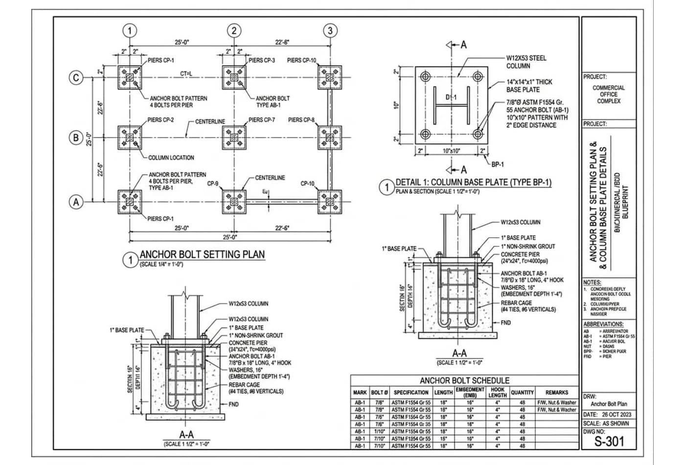 Concrete foundation anchor bolt setting plan with rebar cage section details and anchor schedule