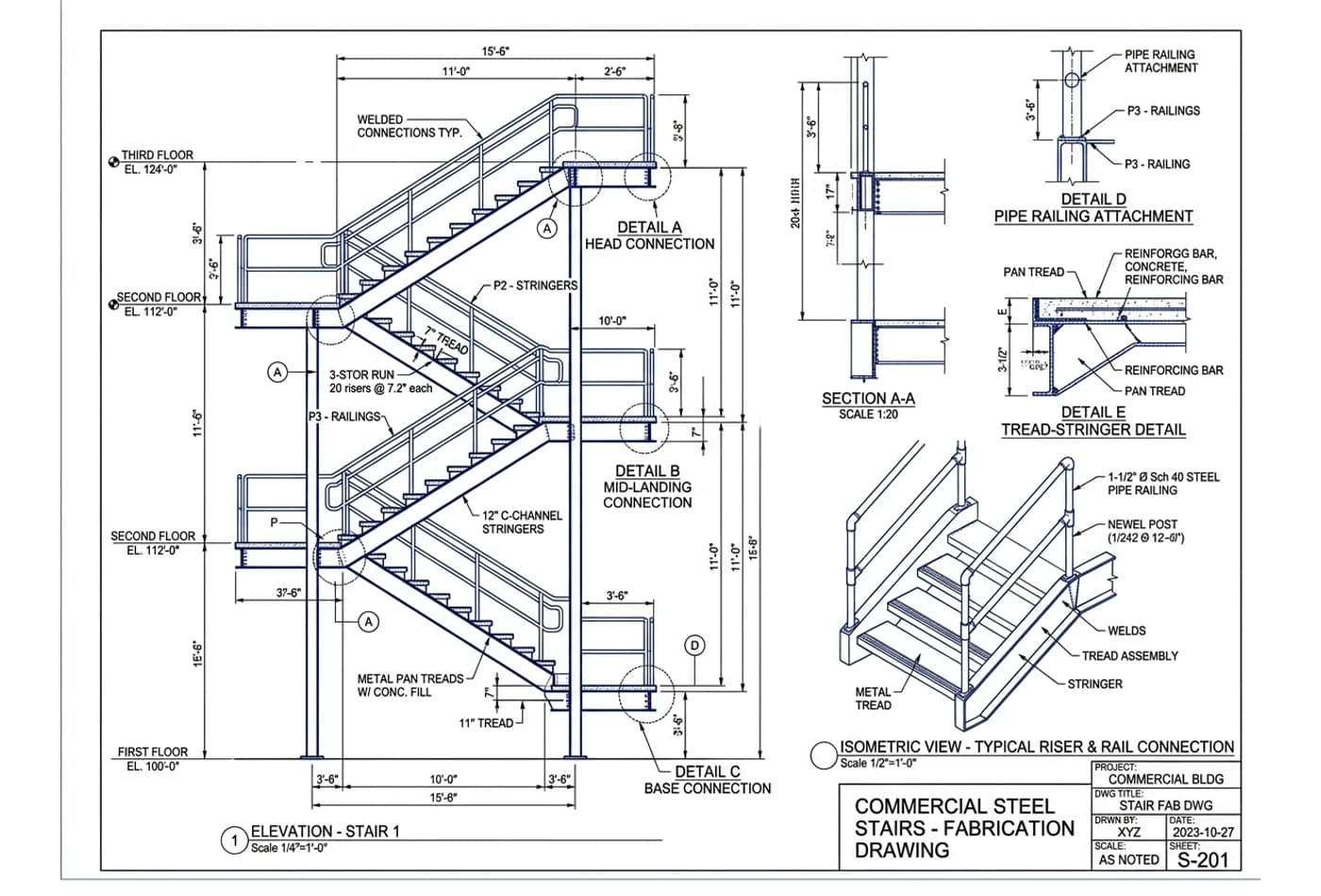 Commercial steel stair fabrication drawing showing stringer elevations, pan treads, and pipe railing details