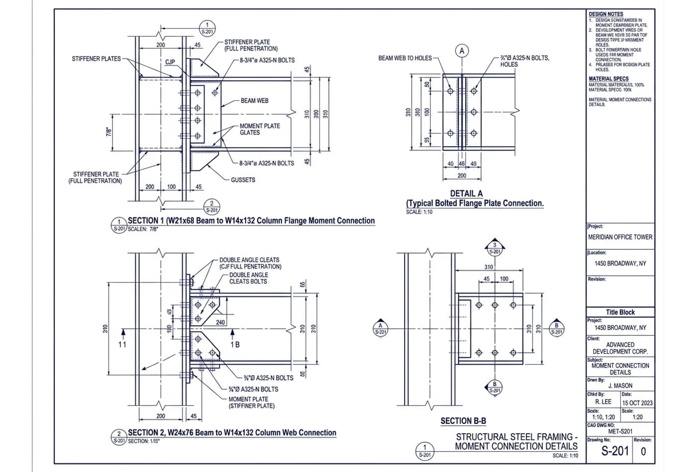 Structural steel shop drawing sheet showing beam-to-column moment connection details and bolt schedules