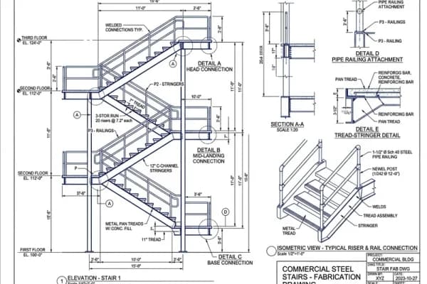 Commercial steel stairs, guardrails, and handrail shop drawings