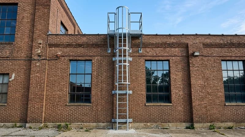 Metal ladder shop drawings showing OSHA safety cage and standoff brackets