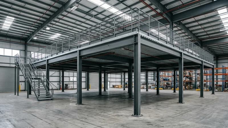 Industrial mezzanine shop drawing showing floor joists and perimeter columns