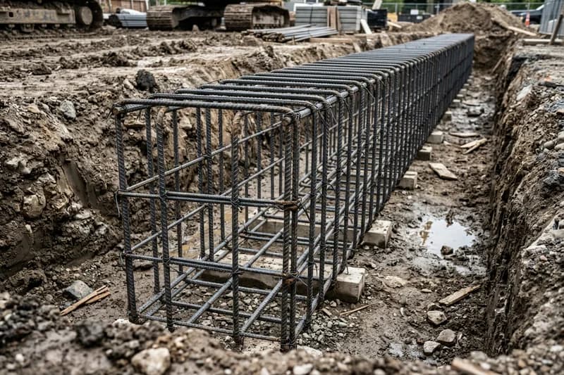 Rebar detailing services showing foundation cage assembly and placement callouts