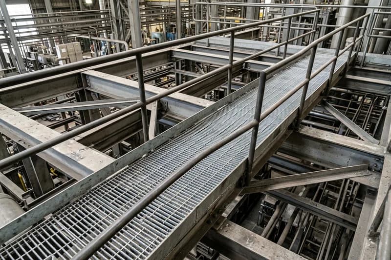 Steel platform and catwalk drawings with grating spans and toe boards