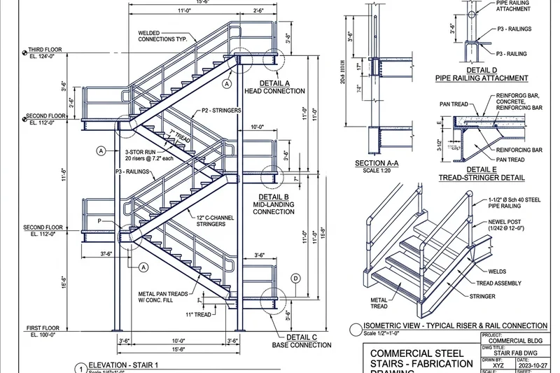 Steel stair shop drawing showing channel stringer and tread connections