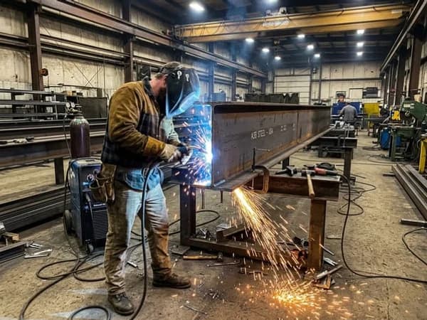 Commercial steel fabrication workshop with skilled welders and fitters working on structural steel assemblies