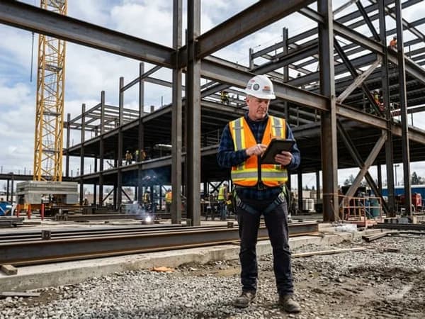 Commercial general contractor project manager reviewing structural framing submittals on a construction site