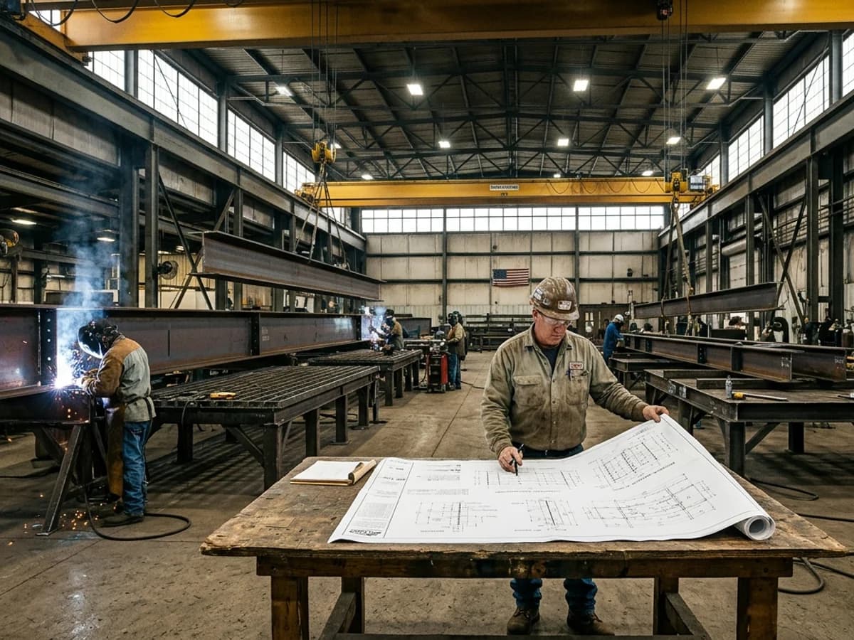 Real photograph of fabricated wide-flange structural steel beams in a US fabrication shop