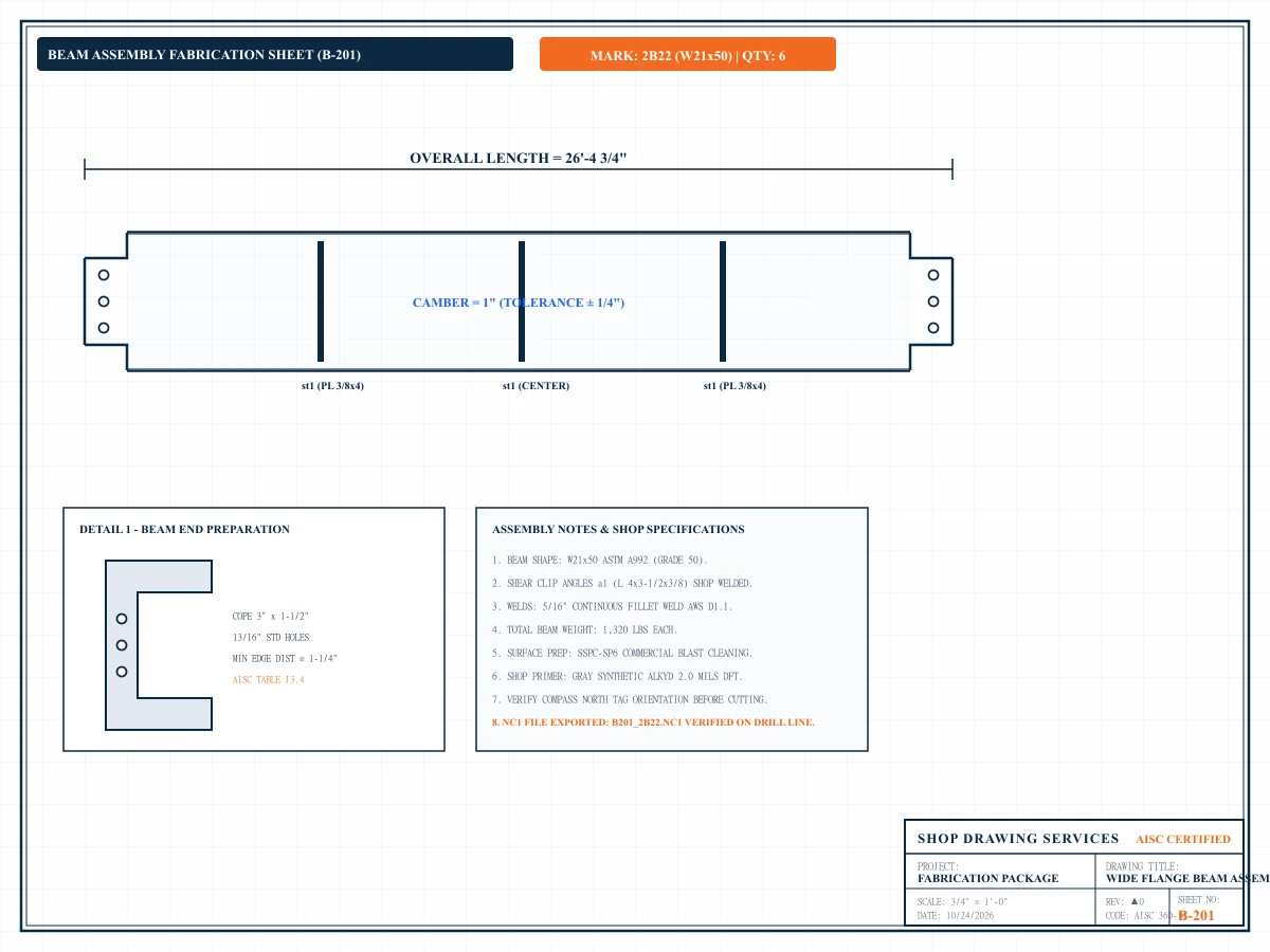 Detailed structural steel beam shop assembly drawing sheet with piece marks, copes, and weld details