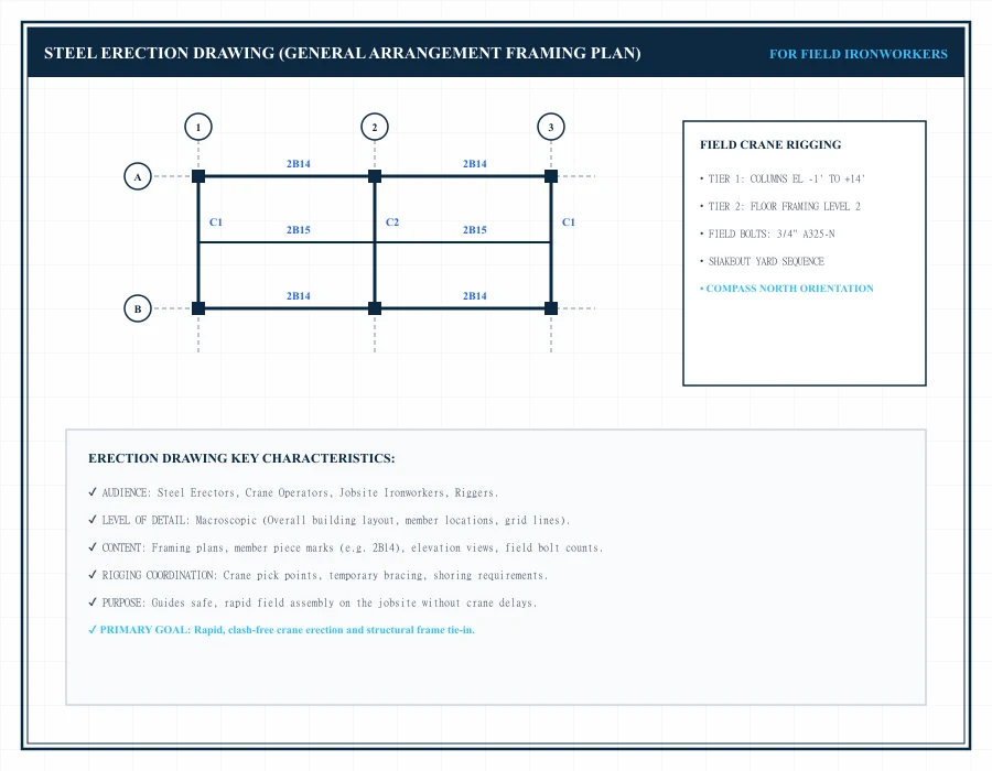 Structural steel erection general arrangement framing plan for jobsite crane assembly