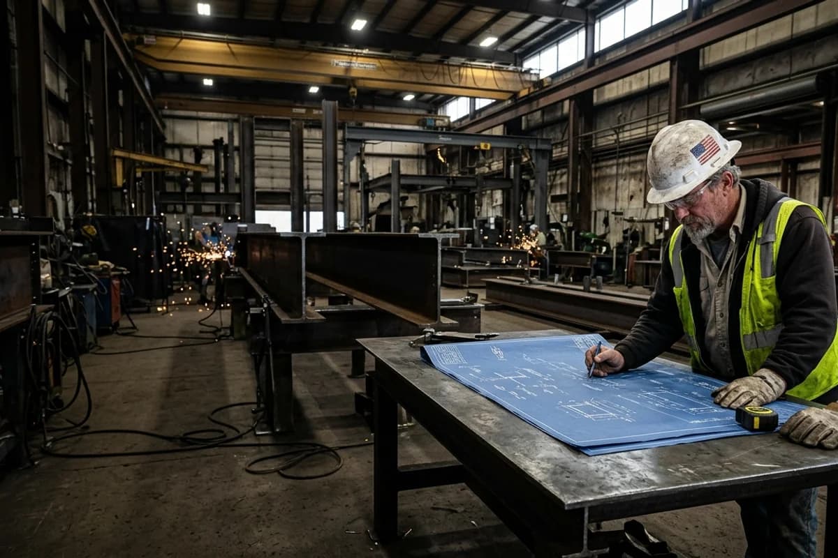 Industrial photograph of digital steel fabrication coordination and workstation in a commercial structural steel shop