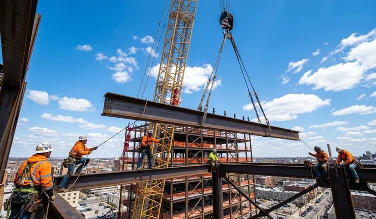 Structural steel ironworkers and crane erecting wide-flange beam framework on commercial building