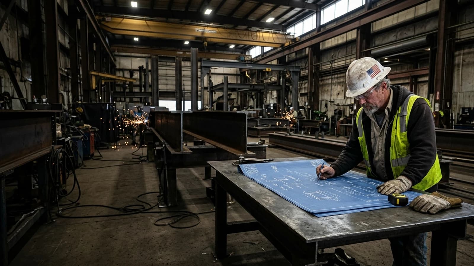 Ultra-realistic American structural steel fabrication workshop with engineer reviewing blueprints at fabrication table