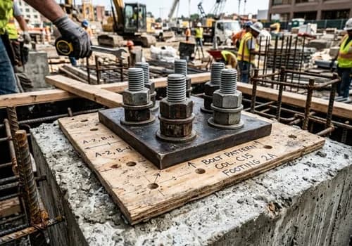 Heavy steel column base plate set on foundation footing with anchor rods