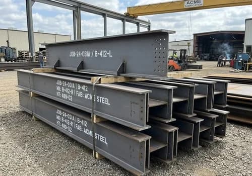 Fabricated structural steel wide-flange beams stacked in fabrication yard