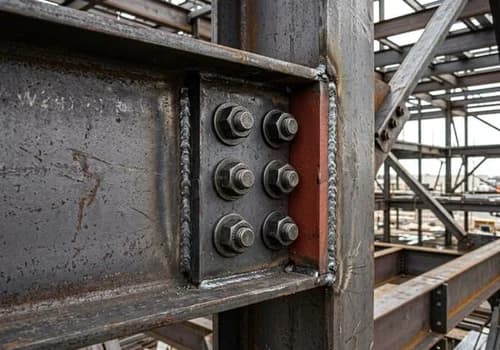 Macro photograph of heavy bolted structural steel beam to column connection
