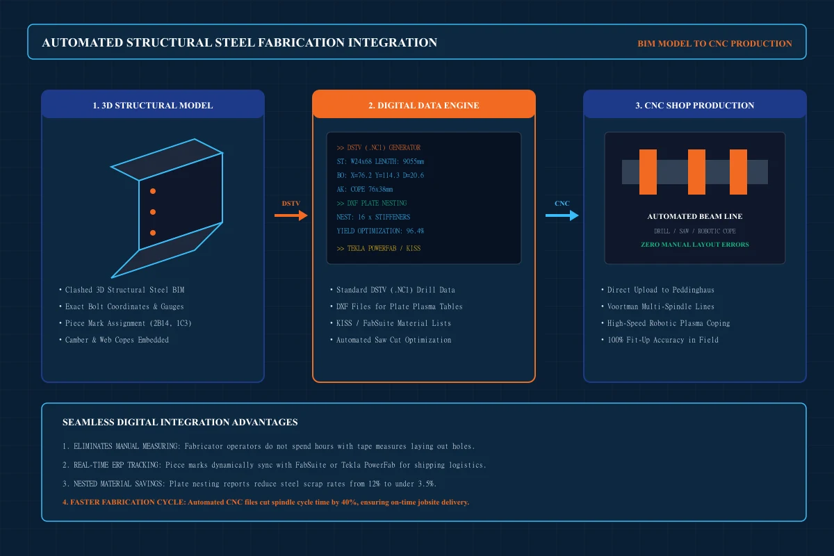 Digital production integration workflow diagram linking 3D structural steel model with automated CNC machinery