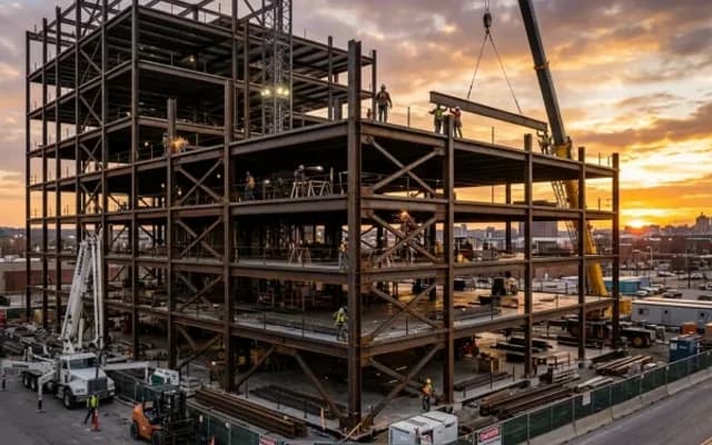 Large industrial warehouse logistics center with expansive structural steel framing and roof bays