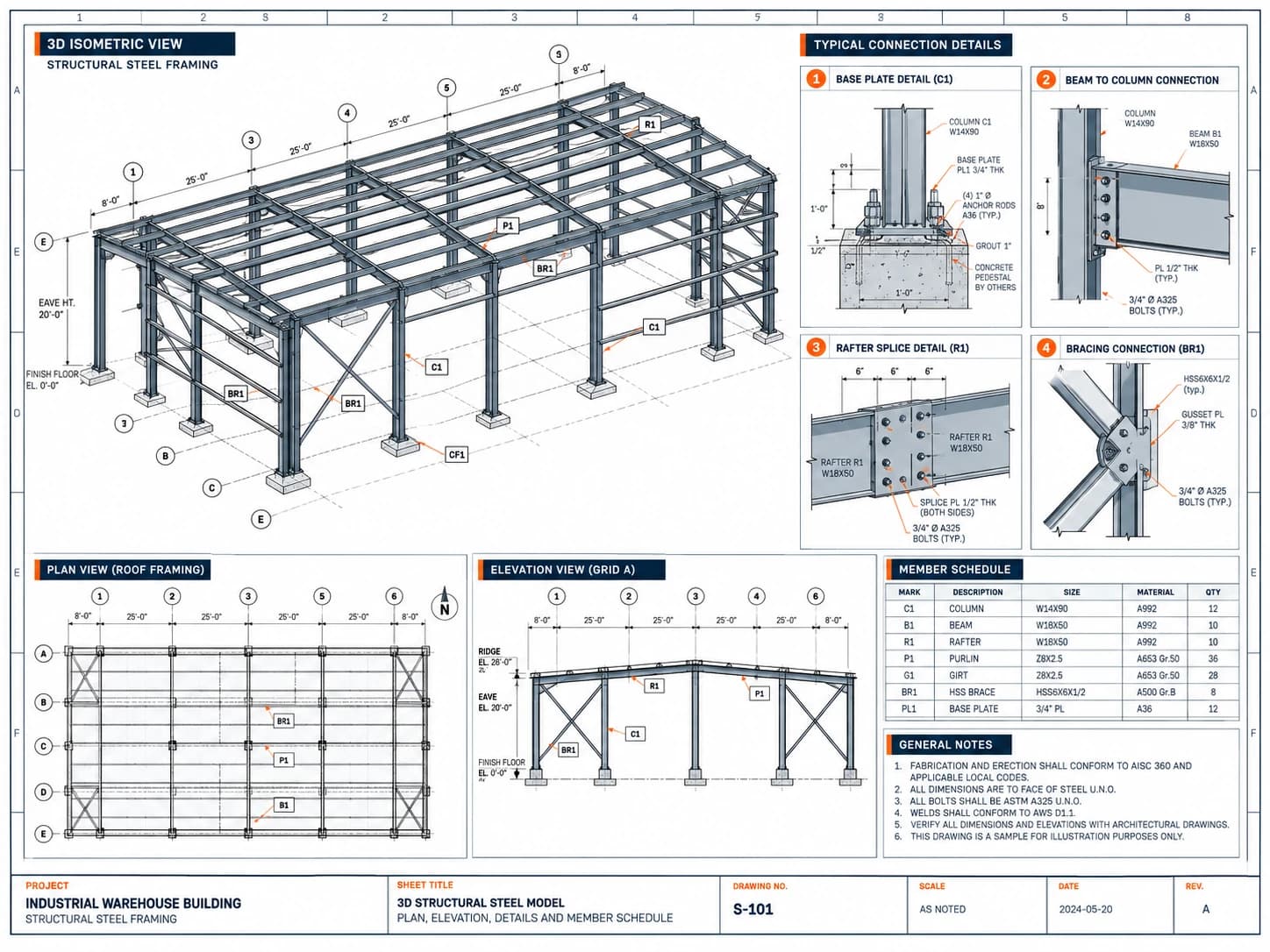 Sample 3D isometric structural steel framing drawing sheet with warehouse frame model, roof plan, elevation, and member schedule