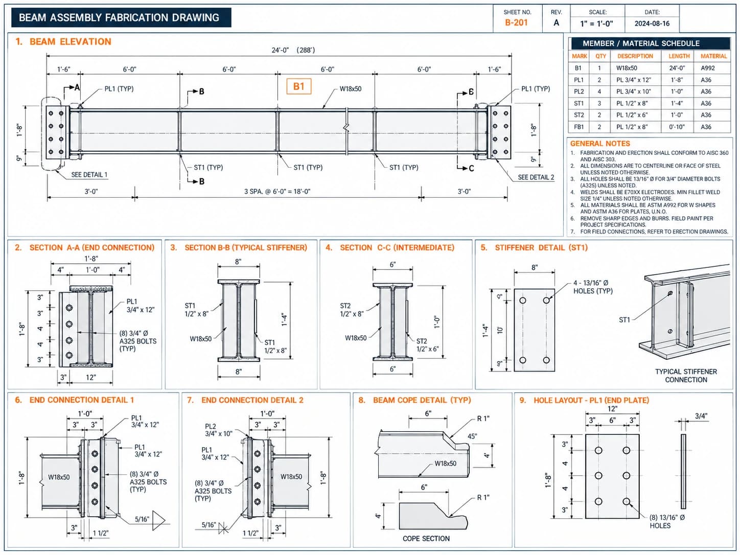 Sample beam assembly fabrication drawing showing 24-foot W18x50 member elevation, intermediate stiffeners, end connections, and cope geometry