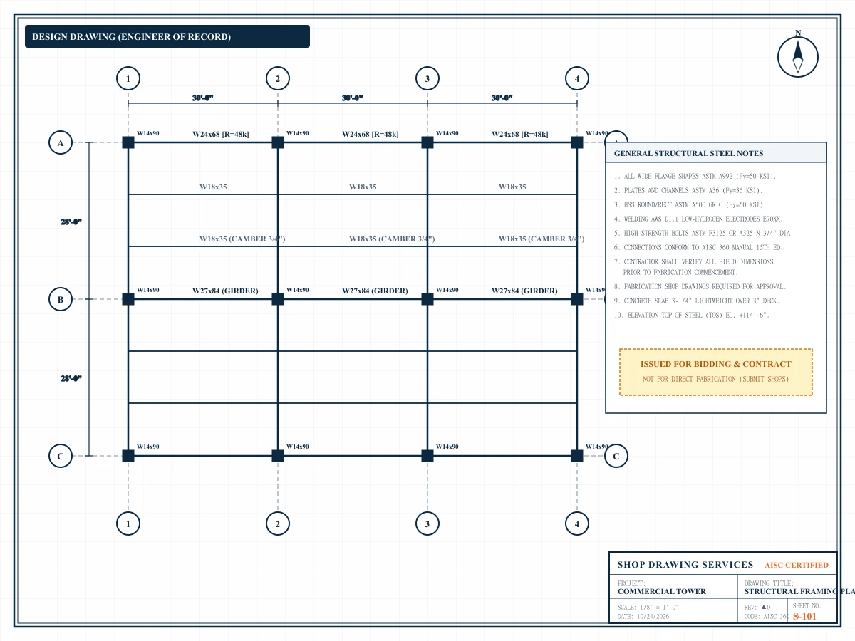 Clean structural design drawing sheet for commercial steel framing with gridlines and notes