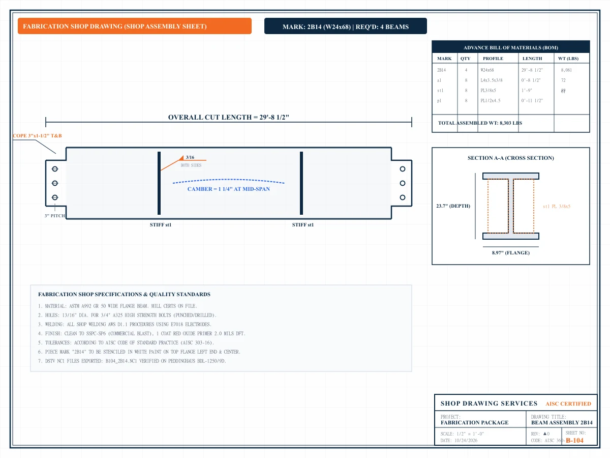 Detailed structural steel fabrication shop drawing sheet with piece marks, copes, and BOM