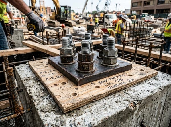 Heavy steel anchor bolts set in concrete foundation footing with leveling plate