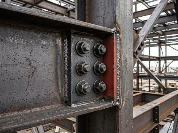 Macro construction photograph of heavy structural steel moment connection with high strength bolts