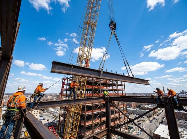 Crane hoisting heavy structural steel beam into position on commercial building frame