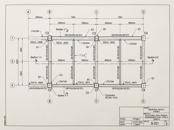 Technical CAD blueprint of a structural steel general arrangement plan