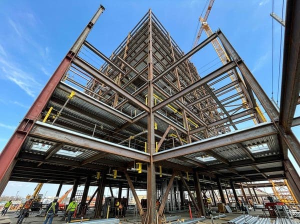 Commercial multi-level structural steel framework ready for trade coordination