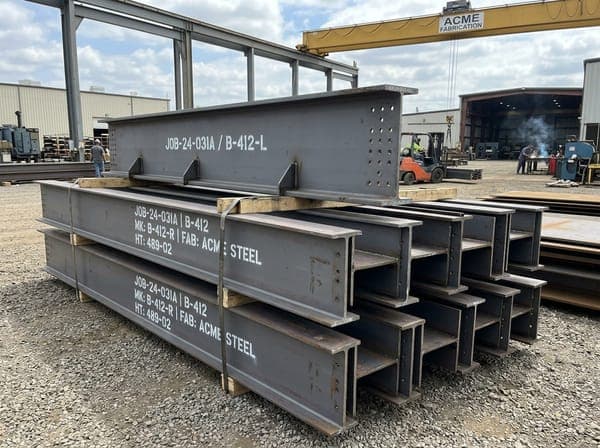 Fabricated structural steel members stacked in fabrication yard with piece marks