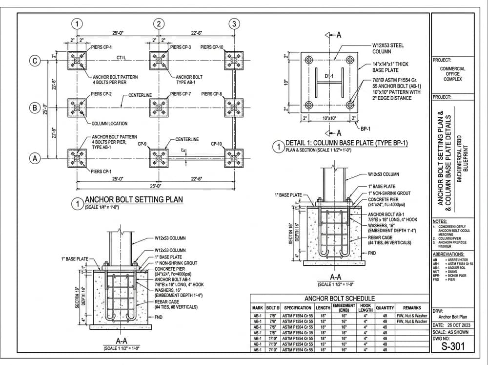 Anchor bolt setting plan blueprint with column base plate details, embedment depths, and schedule