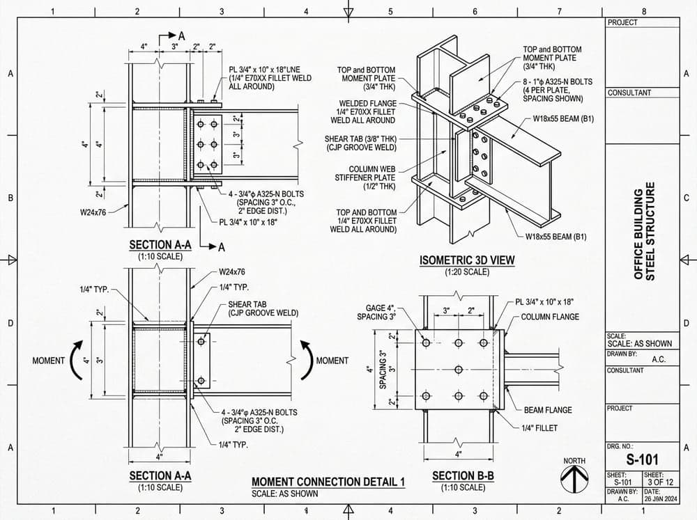 Structural steel beam to column moment connection details blueprint with 3D isometric and section views